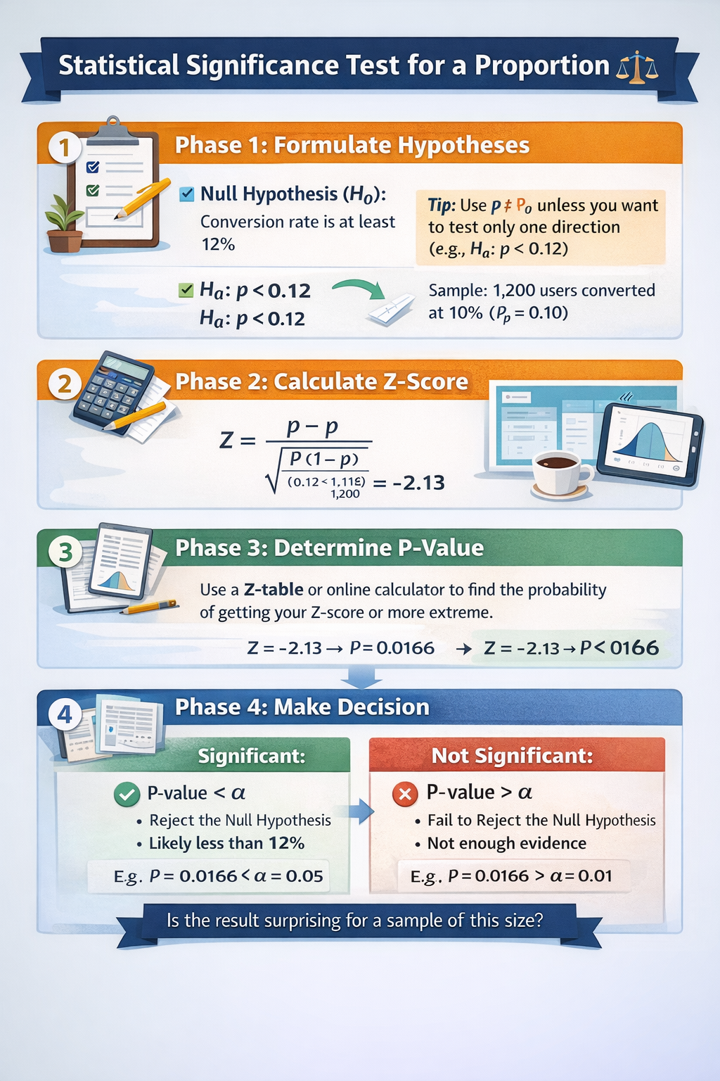 Infographic showing how to perform a Z-test for proportions using hypothesis setup, Z-score, P-value, and decision logic.