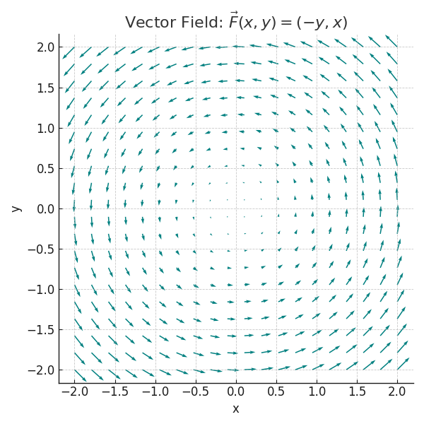 Vector field diagram with arrows on a grid, each arrow showing the direction and magnitude defined by $(-y, x)$